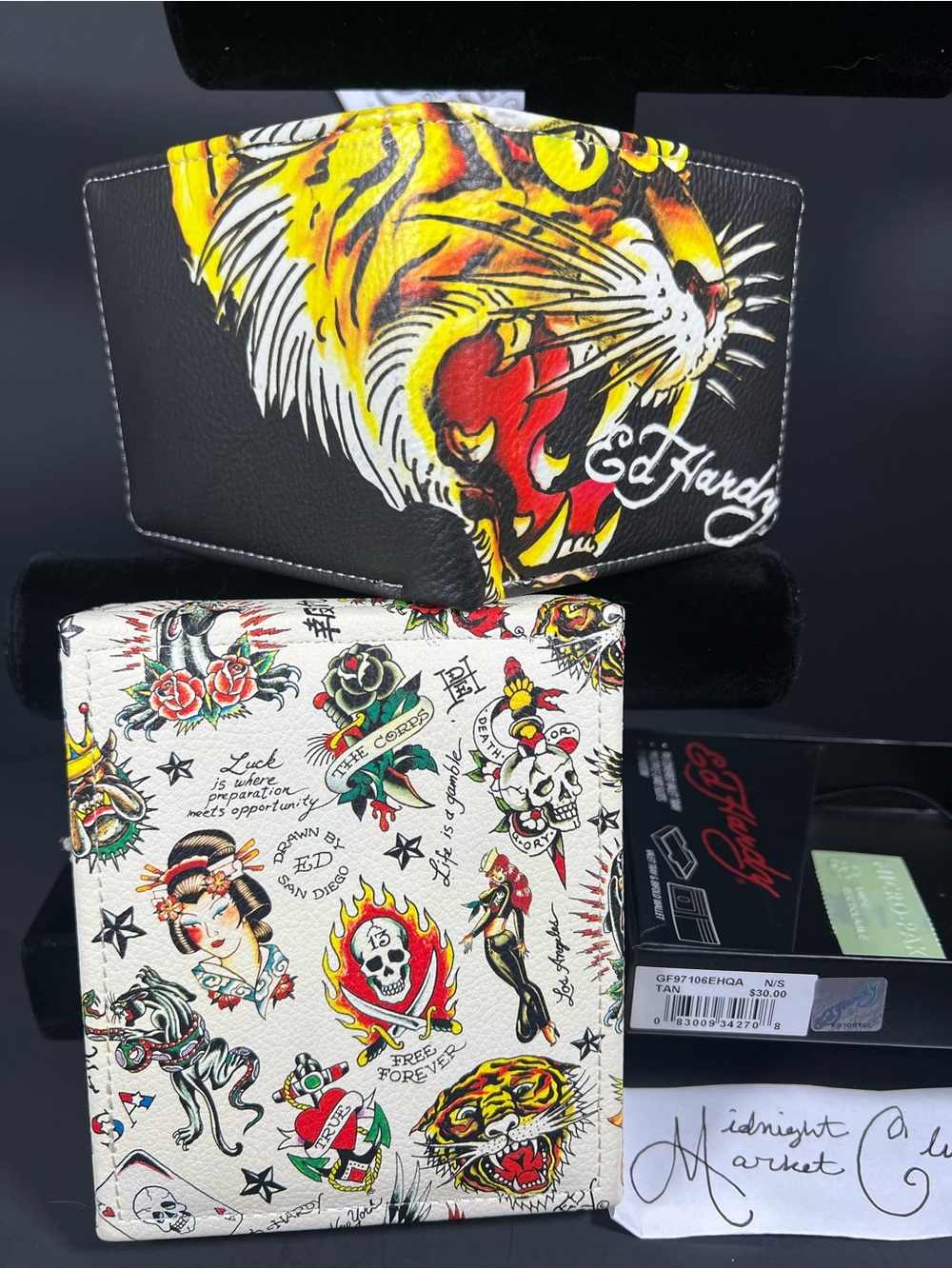 Ed Hardy Tiger Tattoo Bifold Wallet Black Faux Leather NIB Streetwear Gift Set